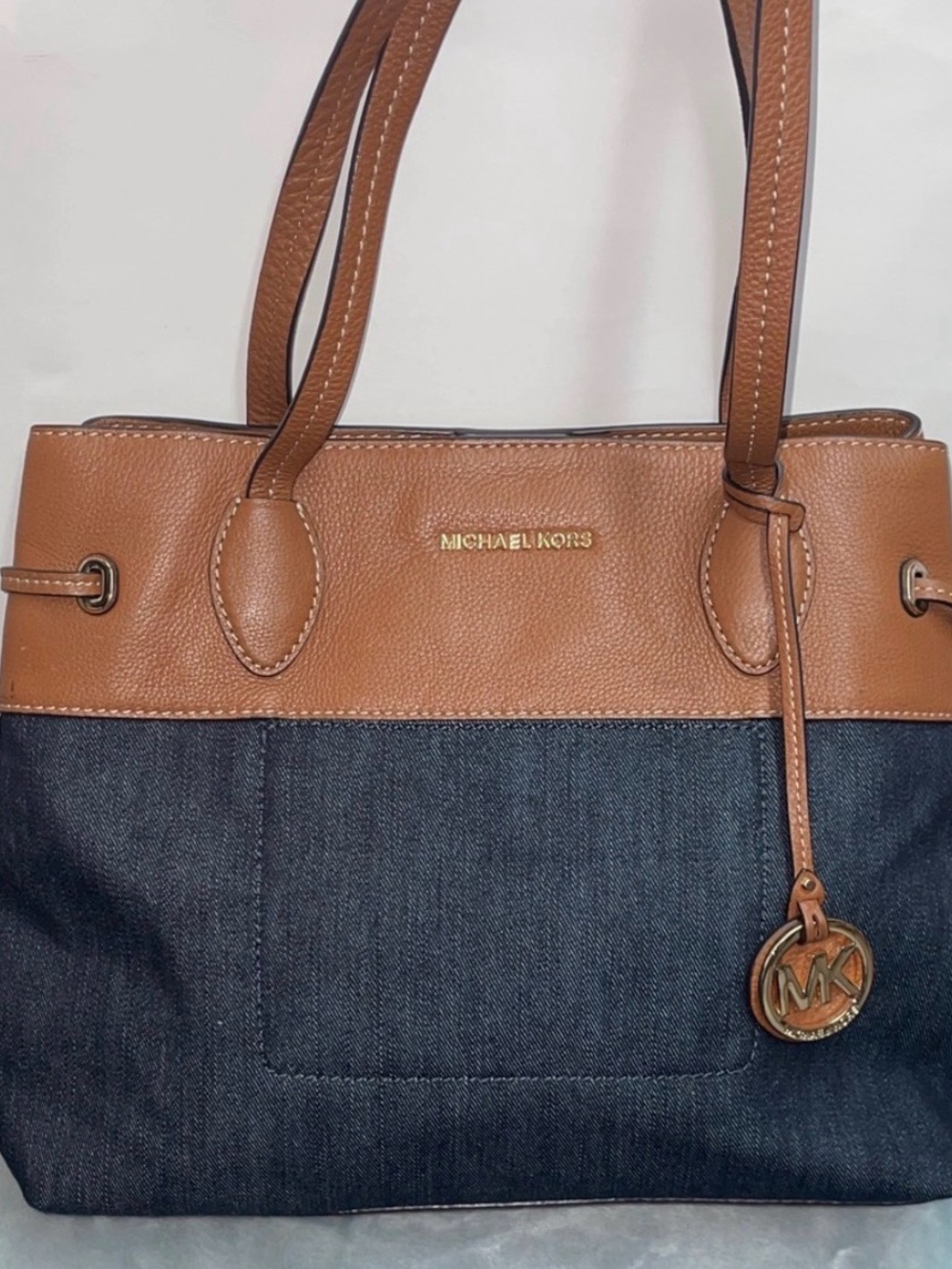 Michael Kors Tan Leather & Dark Denim Tote - Picture 1 of 11